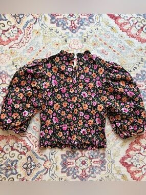 Black Ditsy Floral Smocked Balloon Sleeve Blouse Cottagecore Prairie Size XS
